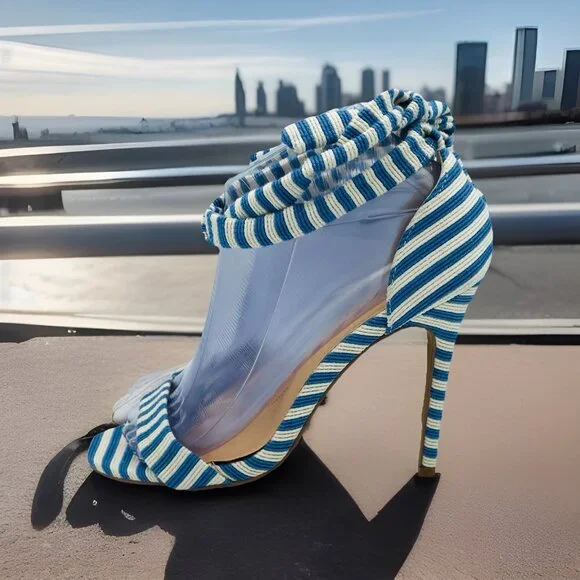 Liliana Heels Womens Size 6.5 Blue White Striped Strappy Stiletto High Shoes - Picture 3 of 12